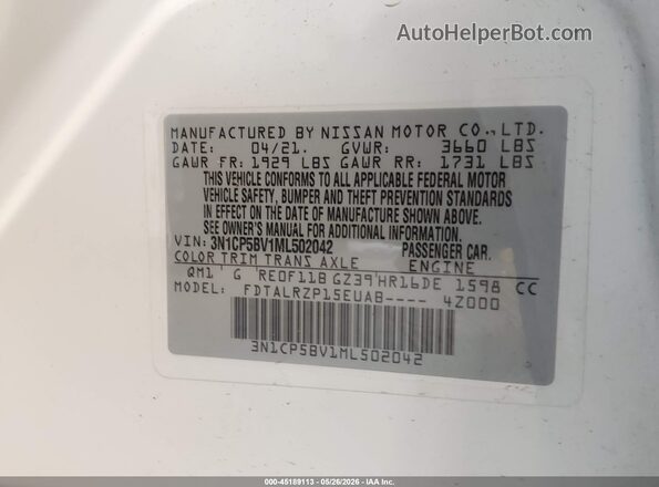 3N1CP5BV1ML502042 2021 NISSAN KICKS White Vista del compartimento del motor