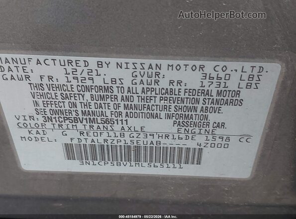 3N1CP5BV1ML565111 2021 NISSAN KICKS Gray 
