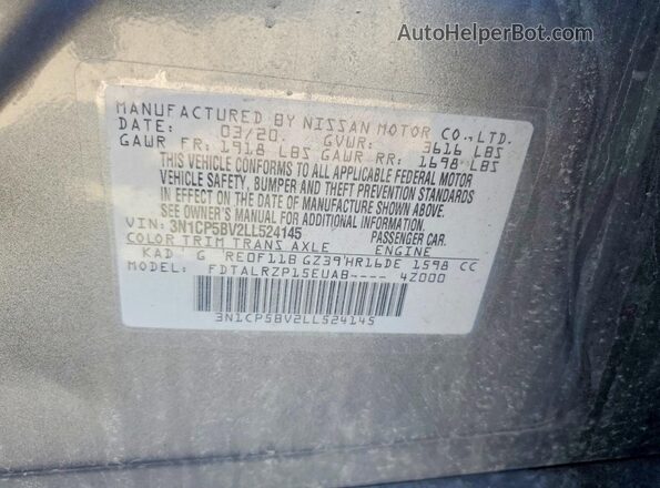 3N1CP5BV2LL524145 2020 NISSAN KICKS Charcoal VIN კოდის სტიკერის ხედი