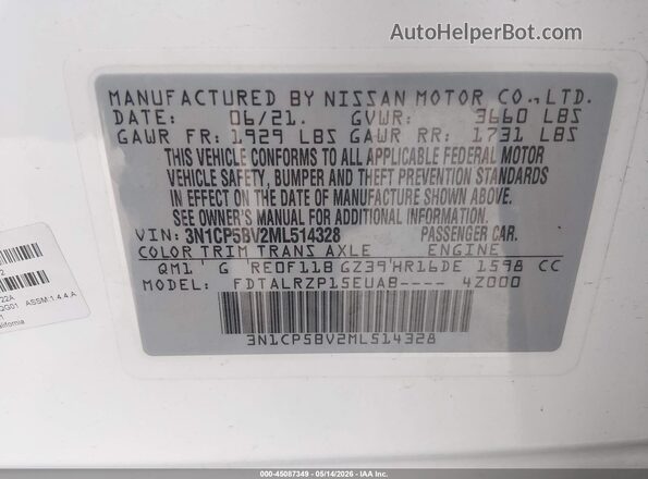 3N1CP5BV2ML514328 2021 NISSAN KICKS White Вид підкапотного простору