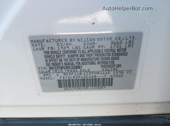 3N1CP5BV3RL533087 2024 NISSAN KICKS White Vista del compartimento del motor