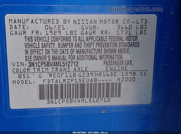 3N1CP5BV4ML512712 2021 NISSAN KICKS Blue Vista del compartimento del motor