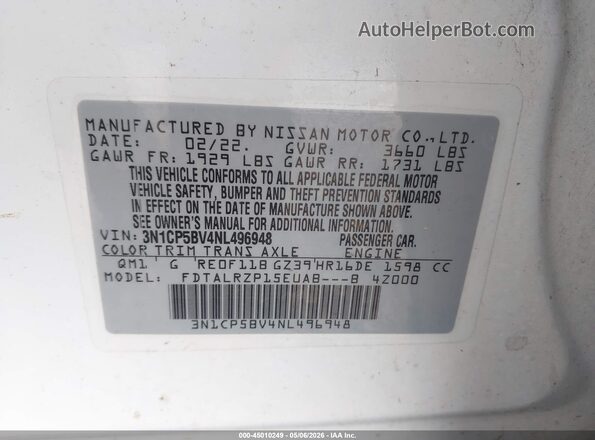 3N1CP5BV4NL496948 2022 NISSAN KICKS White Engine compartment view