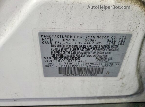 3N1CP5BV6LL553003 2020 NISSAN KICKS White Widok naklejki z numerem VIN