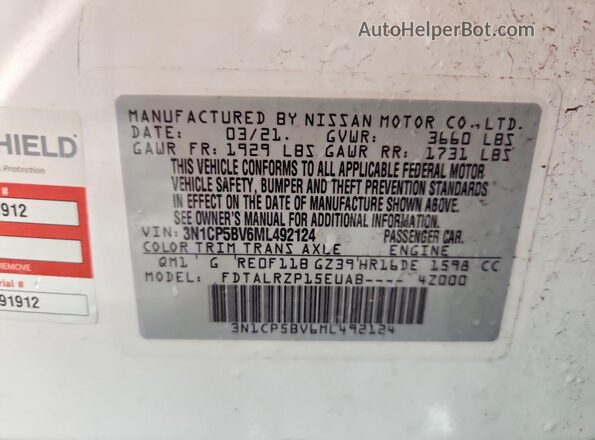3N1CP5BV6ML492124 2021 NISSAN KICKS White 