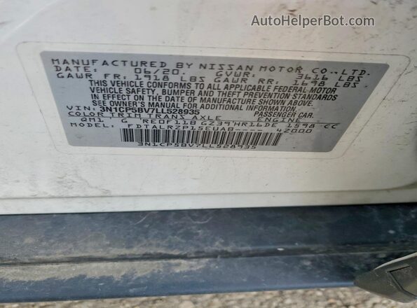 3N1CP5BV7LL528935 2020 NISSAN KICKS White Vista de la etiqueta del VIN