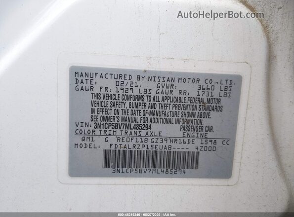 3N1CP5BV7ML485294 2021 NISSAN KICKS White Engine compartment view