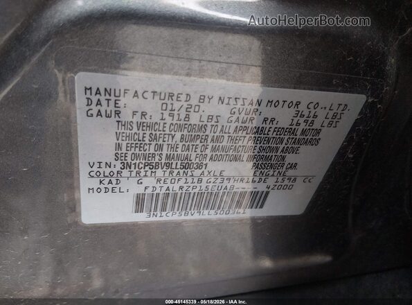 3N1CP5BV9LL500361 2020 NISSAN KICKS Gray Շարժիչի բաժամունքի տեսք