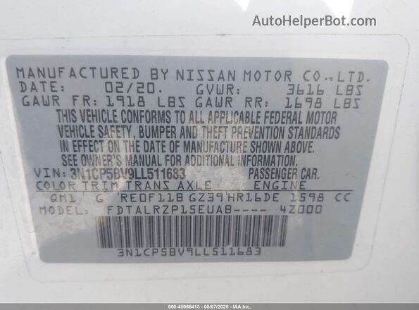 3N1CP5BV9LL511683 2020 NISSAN KICKS White ძრავის განყოფილების ხედი
