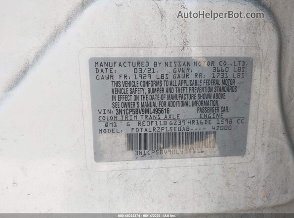 3N1CP5BV9ML495616 2021 NISSAN KICKS White Вид підкапотного простору