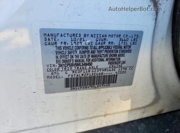 3N1CP5BV9ML549450 2021 NISSAN KICKS White VIN կոդի պիտակի տեսք
