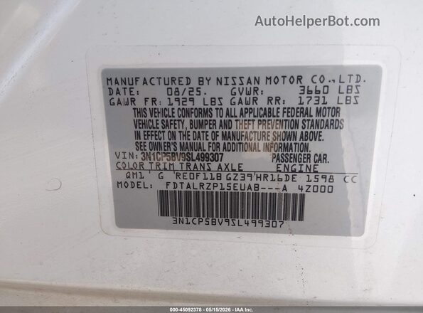 3N1CP5BV9SL499307 2025 NISSAN KICKS PLAY White Вид підкапотного простору