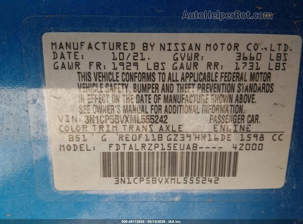 3N1CP5BVXML555242 2021 NISSAN KICKS Blue Vista del compartimento del motor