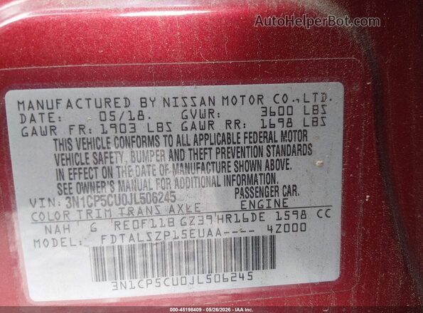 3N1CP5CU0JL506245 2018 NISSAN KICKS Red 