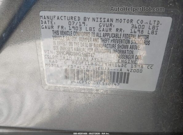 3N1CP5CU0KL550747 2019 NISSAN KICKS Gray Vista del compartimento del motor