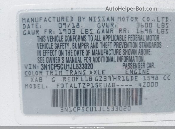 3N1CP5CU1JL533020 2018 NISSAN KICKS White Engine compartment view