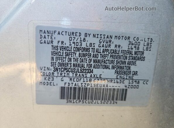 3N1CP5CU2JL522334 2018 NISSAN KICKS Silver VIN sticker view