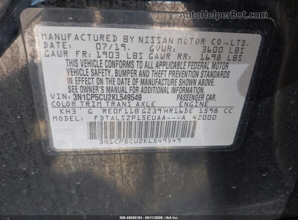3N1CP5CU2KL549549 2019 NISSAN KICKS Black ძრავის განყოფილების ხედი