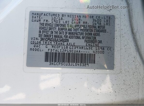 3N1CP5CU3JL545329 2018 NISSAN KICKS White Vista del compartimento del motor