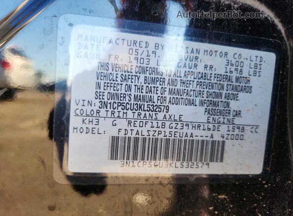 3N1CP5CU3KL532579 2019 NISSAN KICKS Black VIN კოდის სტიკერის ხედი