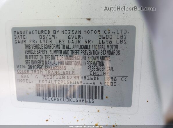 3N1CP5CU3KL532615 2019 NISSAN KICKS Белый Вид подкапотного пространства