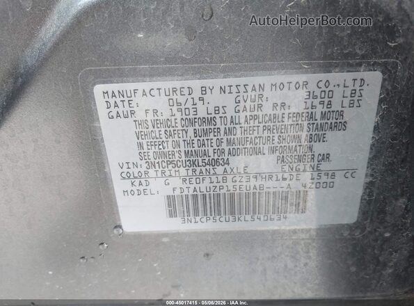 3N1CP5CU3KL540634 2019 NISSAN KICKS Gray 
