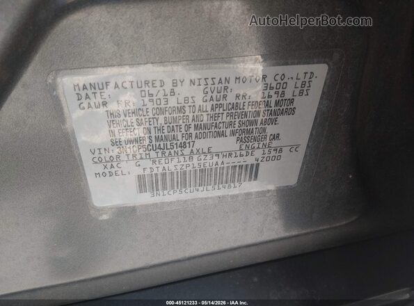 3N1CP5CU4JL514817 2018 NISSAN KICKS Gray ძრავის განყოფილების ხედი