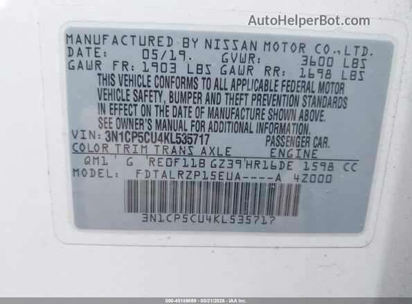 3N1CP5CU4KL535717 2019 NISSAN KICKS White 