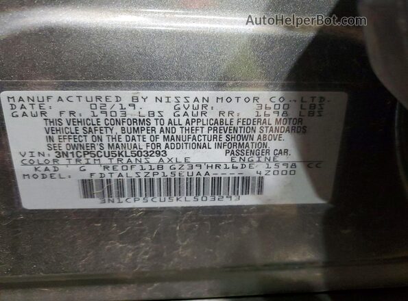 3N1CP5CU5KL503293 2019 NISSAN KICKS Gray Widok naklejki z numerem VIN