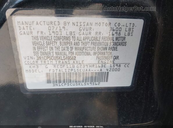 3N1CP5CU5KL549562 2019 NISSAN KICKS Черный Вид подкапотного пространства