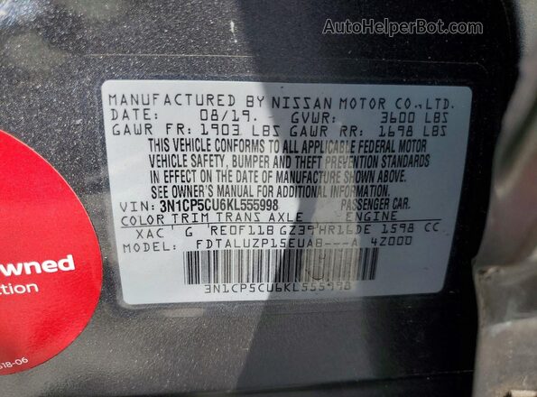3N1CP5CU6KL555998 2019 NISSAN KICKS Gray Vista de la etiqueta del VIN
