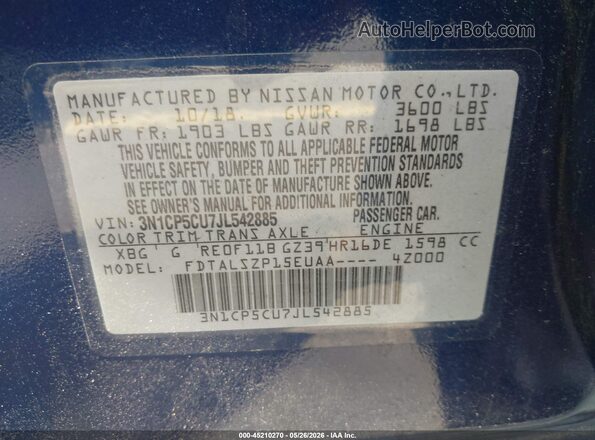 3N1CP5CU7JL542885 2018 NISSAN KICKS Blue Շարժիչի բաժամունքի տեսք
