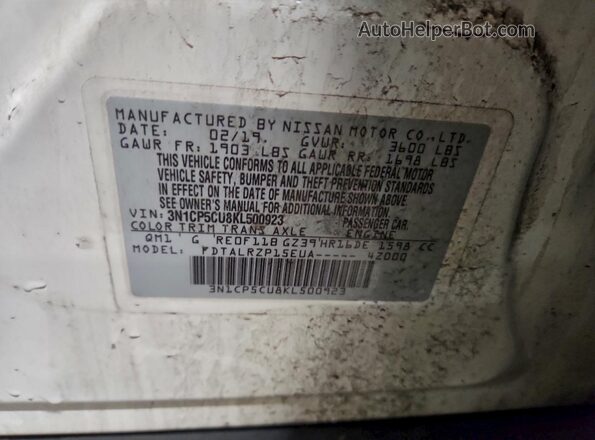 3N1CP5CU8KL500923 2019 NISSAN KICKS White 