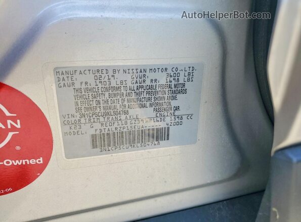 3N1CP5CU9KL504768 2019 NISSAN KICKS Silver Вид наклейки з VIN-кодом