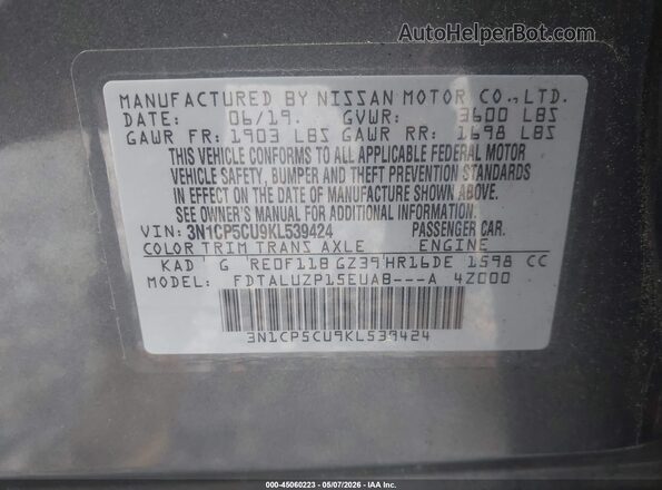 3N1CP5CU9KL539424 2019 NISSAN KICKS Gray 