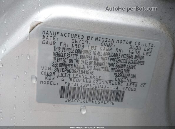 3N1CP5CU9KL541576 2019 NISSAN KICKS Silver Vista del compartimento del motor