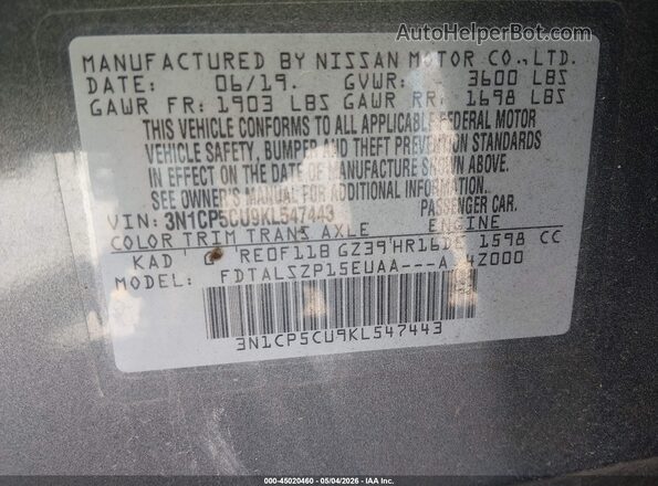 3N1CP5CU9KL547443 2019 NISSAN KICKS Gray Engine compartment view