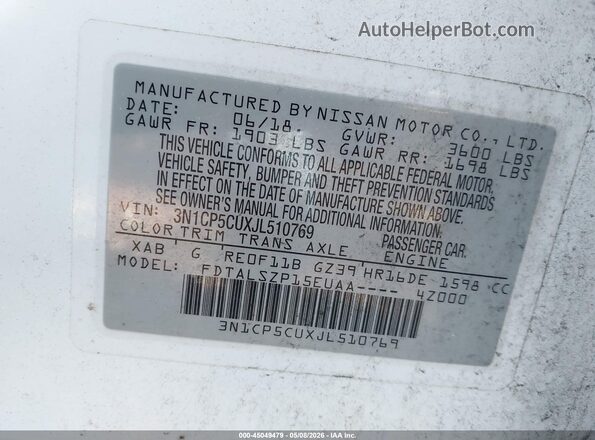 3N1CP5CUXJL510769 2018 NISSAN KICKS White 