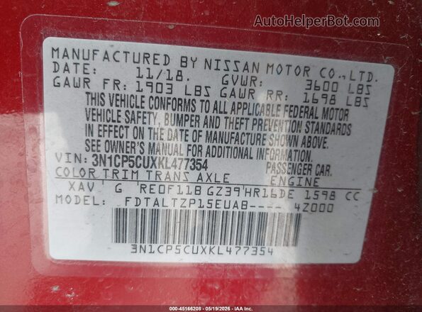 3N1CP5CUXKL477354 2019 NISSAN KICKS Red Engine compartment view