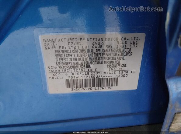 3N1CP5CV0ML526105 2021 NISSAN KICKS Blue Вид підкапотного простору