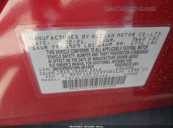 3N1CP5CV1ML481322 2021 NISSAN KICKS Red Widok komory silnika