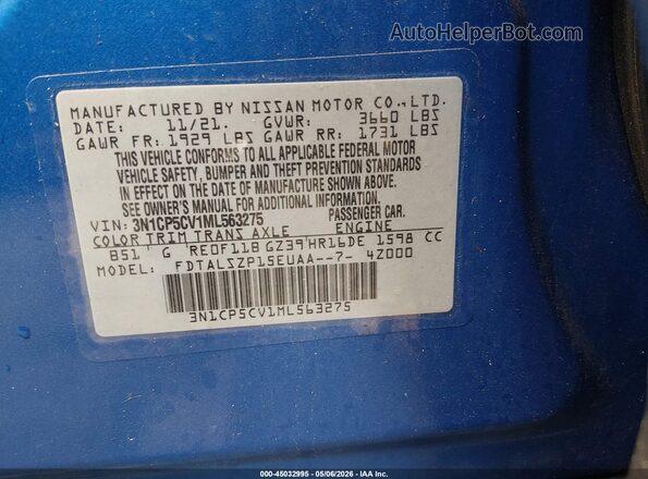 3N1CP5CV1ML563275 2021 NISSAN KICKS Blue Engine compartment view