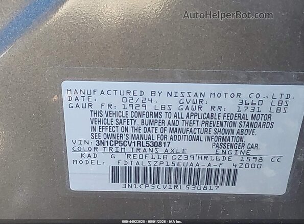 3N1CP5CV1RL530817 2024 NISSAN KICKS Gray 