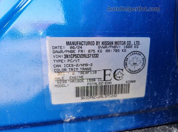 3N1CP5CV2RL571232 2024 NISSAN KICKS Blue Вид наклейки з VIN-кодом