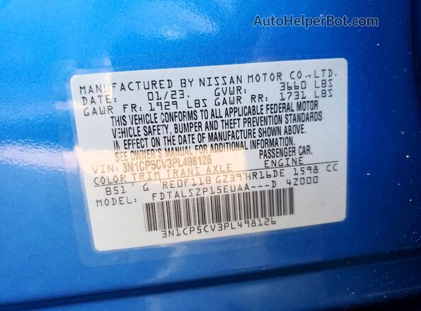 3N1CP5CV3PL498126 2023 NISSAN KICKS Blue VIN կոդի պիտակի տեսք