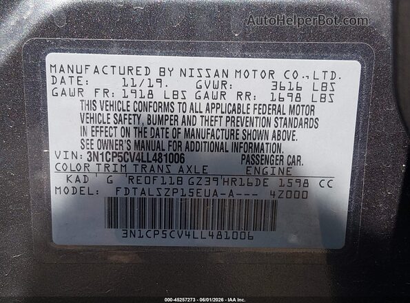 3N1CP5CV4LL481006 2020 NISSAN KICKS Gray Vista del compartimento del motor
