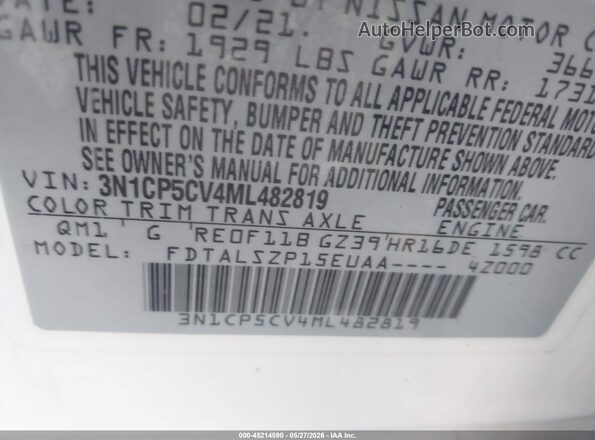 3N1CP5CV4ML482819 2021 NISSAN KICKS White Vista del compartimento del motor