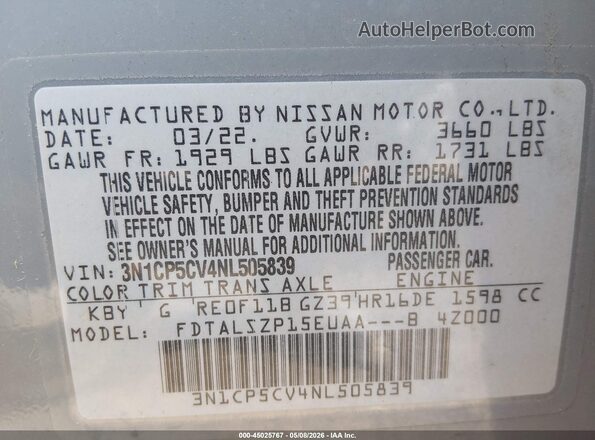 3N1CP5CV4NL505839 2022 NISSAN KICKS Gray Widok komory silnika