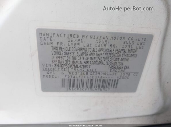 3N1CP5CV7ML476917 2021 NISSAN KICKS White 