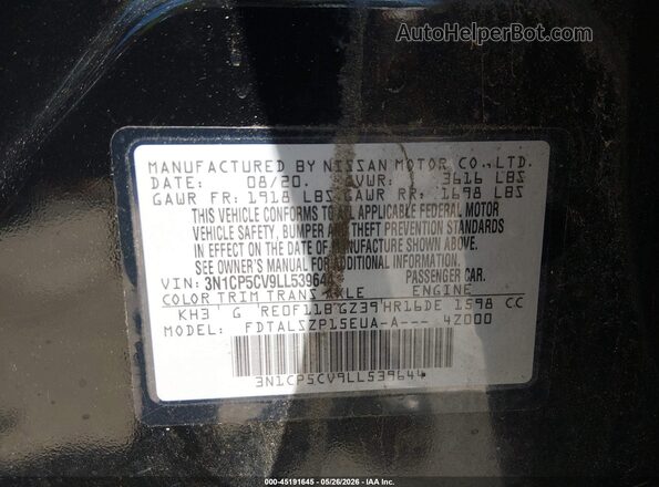 3N1CP5CV9LL539644 2020 NISSAN KICKS Black Widok komory silnika